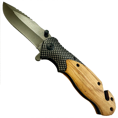 Reskure Folding Knife - Wood w/ Glass Breaker & Belt Cutter 