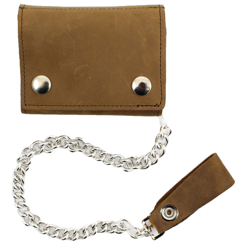 Tri-Fold Leather Chain Wallet w/ Coin Pocket
