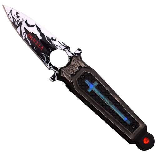 Dark Side Stainless Steel Folding Blade Knife with Cross Art