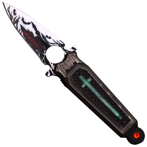 Dark Side Stainless Steel Folding Blade Knife with Cross Art