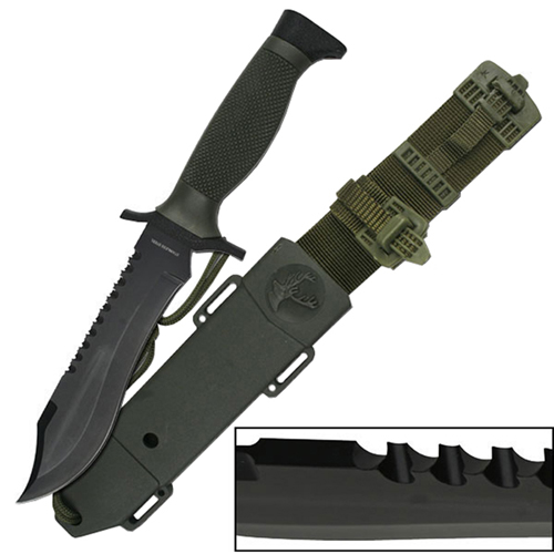 Heckler and Koch 5 Inch Serrated Blade Rubber Handle Fixed Knife