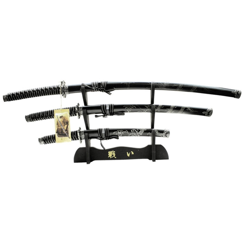 YK-58D4 Black Cord Wrapped Handle 3 Pcs Samurai Sword Set
