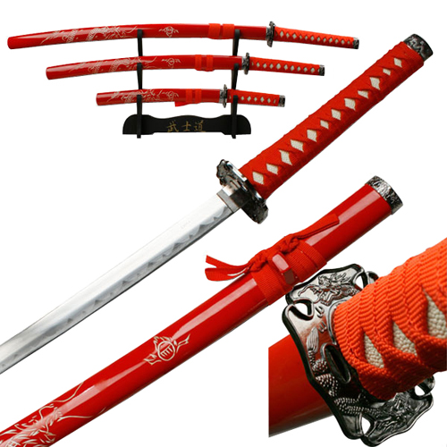 YK-58RD4 Satin Blade 3 Pcs Sword Set with Red Scabbard 