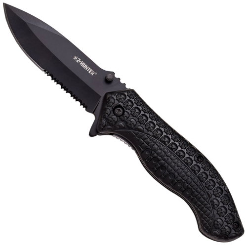 Z-Hunter ABS Skulls Handle Half Serrated Folding Blade Knife