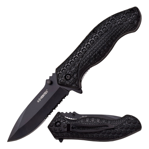 Z-Hunter ABS Skulls Handle Half Serrated Folding Blade Knife