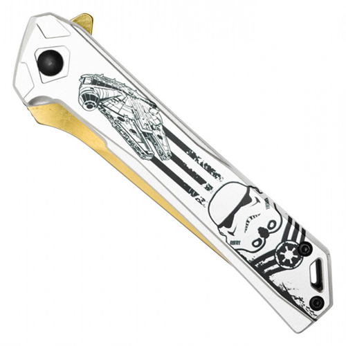 Trooper Gold Tanto Style Steel Blade - Chrome Handle W/ Trooper Print