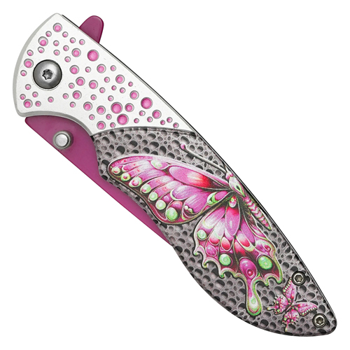 Wartech Dotted Pink Butterfly Blue Steel Drop Point Blade - Dotted Pink Butterfly Handle Handle