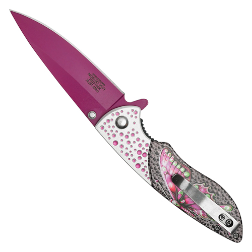 Wartech Dotted Pink Butterfly Blue Steel Drop Point Blade - Dotted Pink Butterfly Handle Handle