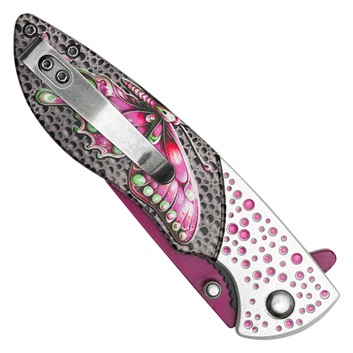 Wartech Dotted Pink Butterfly Blue Steel Drop Point Blade - Dotted Pink Butterfly Handle Handle