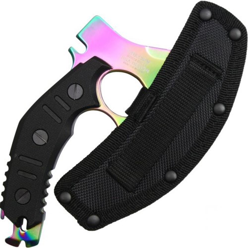 Equip yourself with the Neptune Mini Axe in vibrant rainbow colors, complete with a sheath. Compact, versatile, and perfect for various tasks. Get yours now!