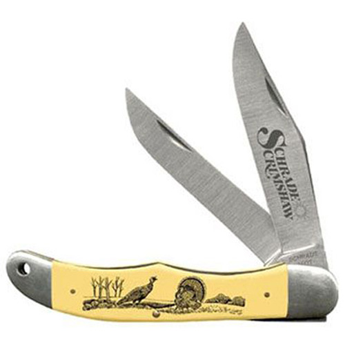 Schrade 3 5/16 Inches Middleman 3 Blade Yellow Delrin Scrimshaw Handle Duck Scene 2