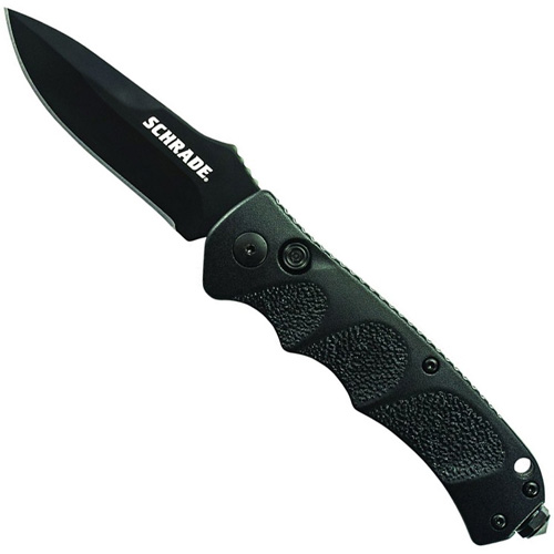 Schrade Black Drop Point 4116 Steel Push Button Lock Safety On Back Of Handle
