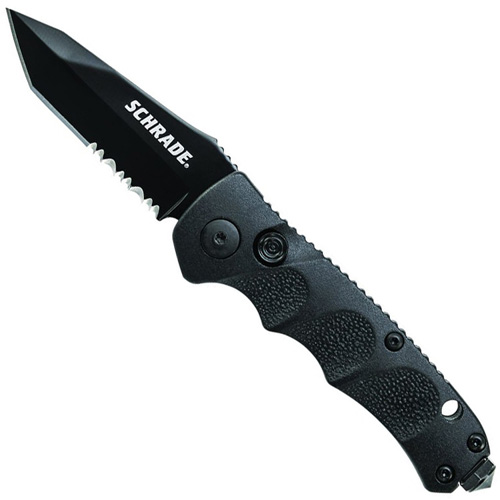 Schrade Mini Black Tanto 40 Percent Serrated 4116 Steel Push Button Lock