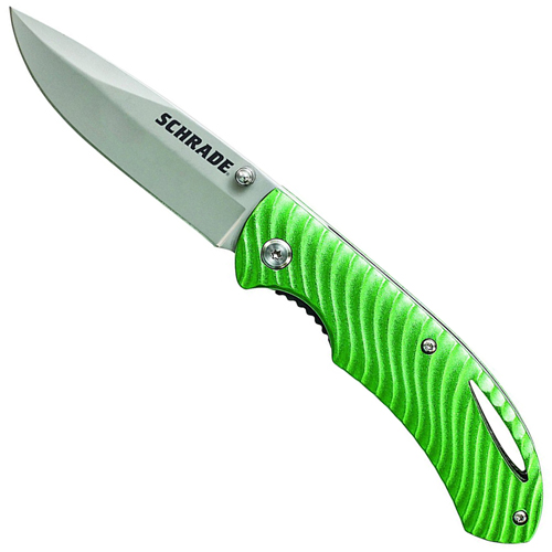 Schrade Green Aluminum Folder Drop Point 9Cr18MoV Steel Blade Linger Lock Thumb Studs