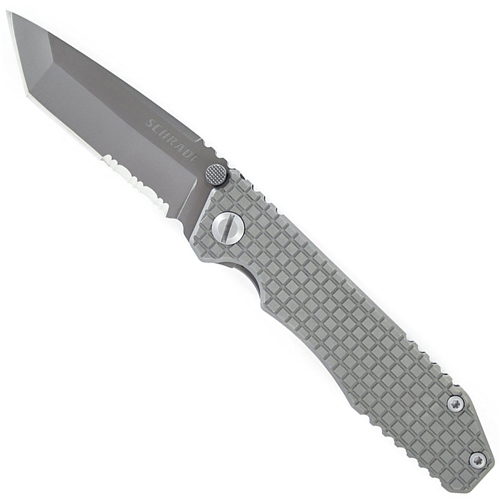 Schrade Tanto Frame Lock With Stamped Design In Handle Titanium Coated Serrated Blade 9Cr18mov Steel