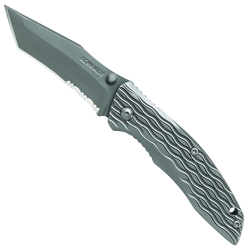Schrade Tanto 40 Percent Serrated D2 Blade Titanium Handle With Design Frame Lock Thumb Studs