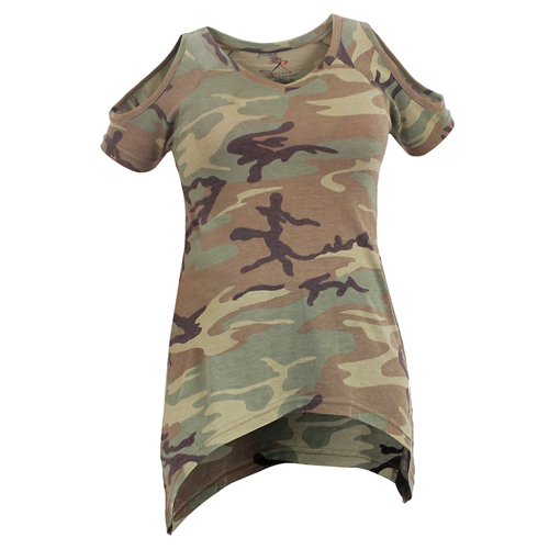 Women Camo Cut-Outs Cold Shoulder Top