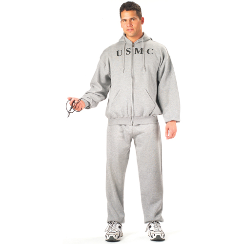 Mens Grey USMC Zipper Hooded Sweatshirt