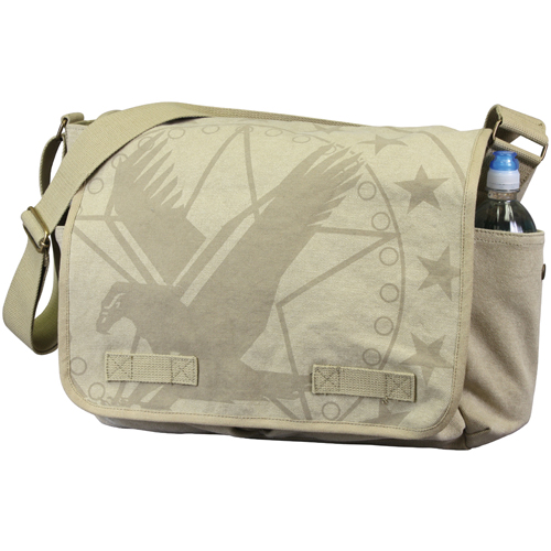 Vintage Canvas Messenger Bag - Khaki with Subdued Army Eagle Print