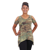 Women Camo Cut-Outs Cold Shoulder Top